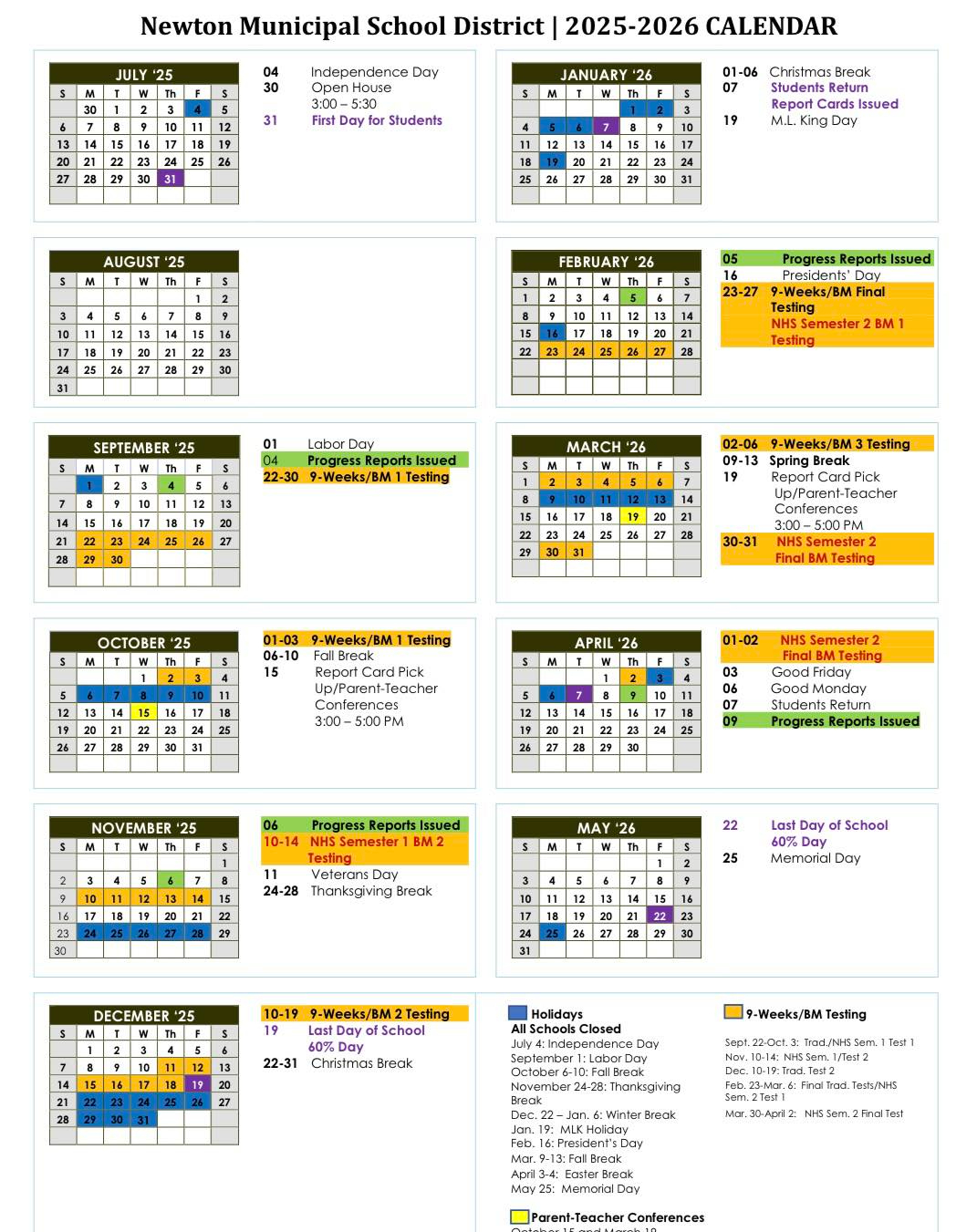 2025-2026 Newton Municipal School District calendar and center closure information