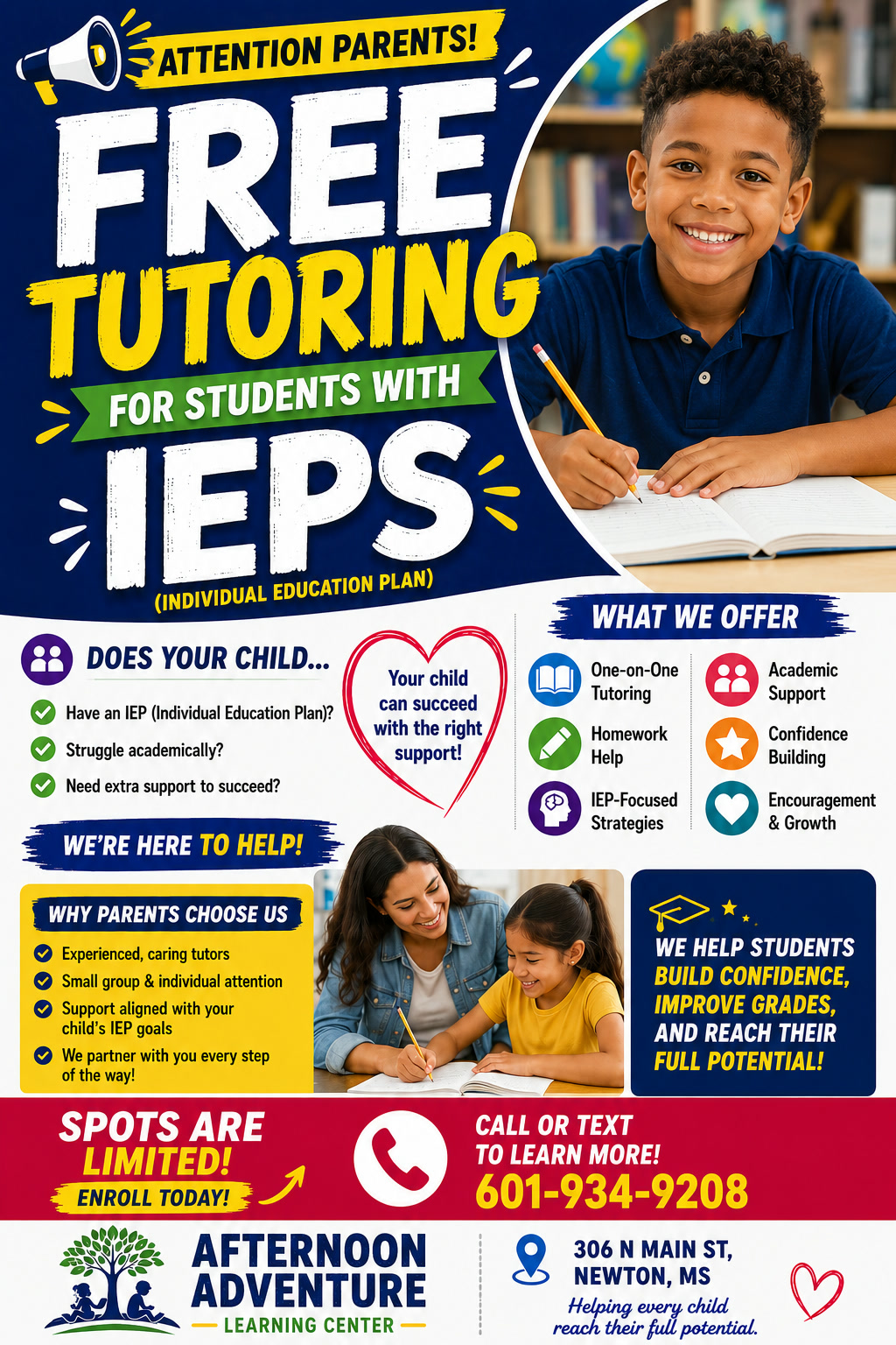 Free tutoring for students with IEPs flyer